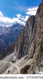 A Dangerous Passage Along The Landslide Area On The Way To Tilicho Base Camp, Annapurna Circus, Himalayas, Nepal. Dry And Desolated Landscape. Steep And Sharp Slopes. Extreme Trekking