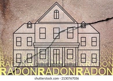 The dangerous radon gas also enters buildings through cracks in the walls - concept with an American style residential building with radon text against a damaged cracked wall