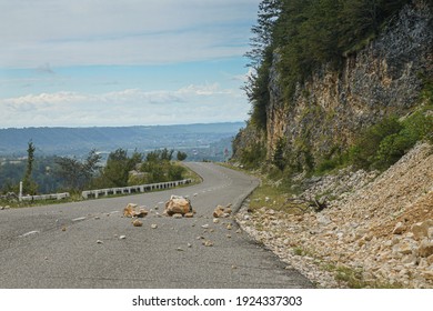 Dangerous Rockfall On Mountain Roads