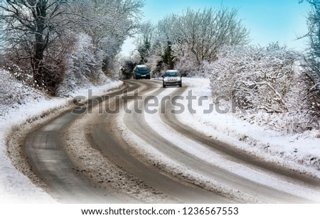 Dangerous winter driving on icy roads in North Yorkshire in the United Kingdom.