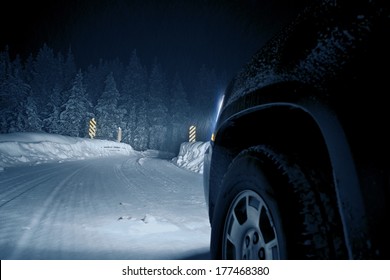 Dangerous Winter Road At Night. Colorado Road Drive In Snow Storm.