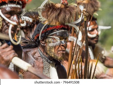DANI VILLAGE, WAMENA, IRIAN JAYA, NEW GUINEA, INDONESIA, 4 JUNE 2016: Close up Portrait of Yali Mabel, the chief of Dani tribe. Dugum Dani Warrior. June 4, 2016. Baliem Valley,