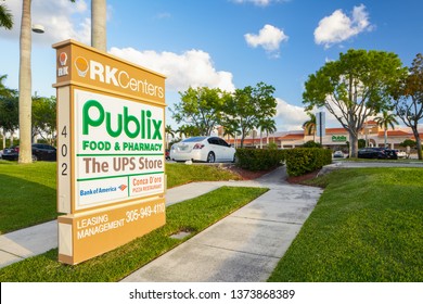 DANIA BEACH, FL, USA - APRIL 17, 2019: Stock photos of Dania Beach RK Shopping Plaza and Publix Supermarket anchor tenant shot