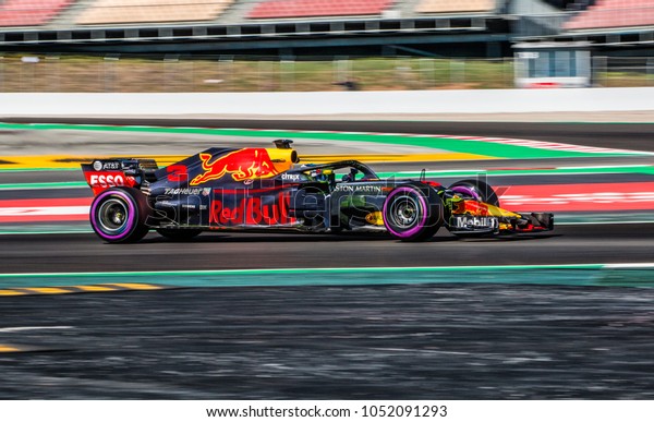 Daniel Ricciardo in the Red Bull\
Racing RB14 F1 2018 car during the F1 winter testing in March at\
Circuit de\
Barcelona-Catalunya.
