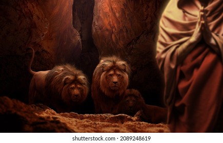 Daniel thrown into the lions den praying to God. Biblical story theme concept.