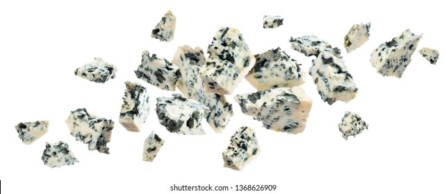 Danish blue cheese isolated on white background with clipping path, flying blue cheese pieces, with copy space