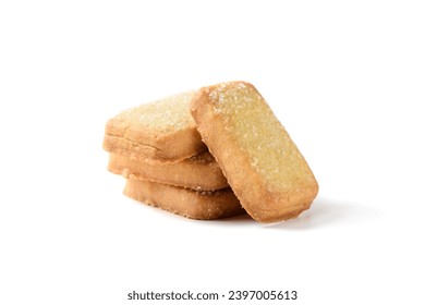 Danish butter cookies macro cutout.Rectangular shortbread biscuits with sugar isolated on a white background. Danish pastry and sweet food concept.