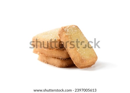 Danish butter cookies macro cutout.Rectangular shortbread biscuits with sugar isolated on a white background. Danish pastry and sweet food concept.