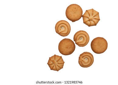 Danish Butter Cookies, Butter Cookies On White. Traditional Danish Christmas Cookies. Sweet Danish Cookies