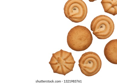 Danish Butter Cookies, Butter Cookies On White. Traditional Danish Christmas Cookies. Sweet Danish Cookies