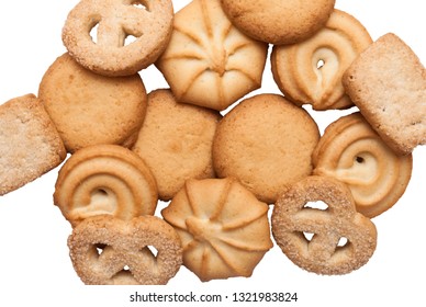 Danish Butter Cookies, Butter Cookies On White. Traditional Danish Christmas Cookies. Sweet Danish Cookies