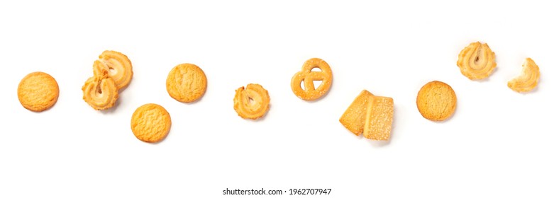 Danish Butter Cookies Panorama On A White Background