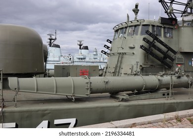 Danish Military Vessels Of Denmark Royal Navy In Copenhagen. Old Destroyer And Corvette In Base Harbour In Copenhagen. Protection Of Baltic Sea Against Russia Expansion Together With Members Of NATO.