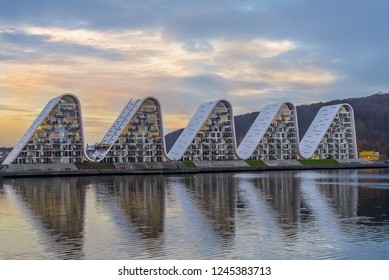 Danish Modern House Design, Five Watwerfront Waves In The Morning Light Reflecting In The Sea, Vejle, Denmark, November 15, 2018