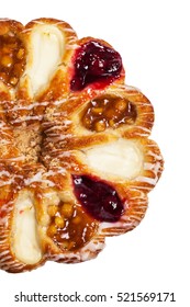 Danish Pastry Ring With Cherry, Apple Fruit And Cheese Fillings Isolated On A White Background. Selective Focus.