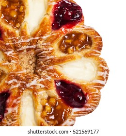 Danish Pastry Ring With Cherry, Apple Fruit And Cheese Fillings Isolated On A White Background. Selective Focus.