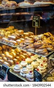 Danish Pastry Traditional Nordic Scandinavian Dessert With Cinammon, Custard, Jam And Sugar Glaze In Local Bakery Display Window In Copenhagen