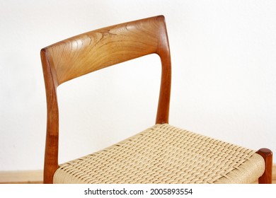 A Danish Teak CHAIR Danish Design Chairs Mid Century 60s Vintage Dining Paper Cord Seat Wood Modern Antique 50s 70s Retro Original Isolated On White Wall In Modern Living Room Closeup Loft