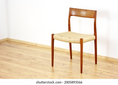 A Danish Teak CHAIR Danish Design Chairs Mid Century 60s Vintage Dining Paper Cord Seat Wood Modern Antique 50s 70s Retro Original Isolated On White Wall In Modern Living Room Closeup Loft