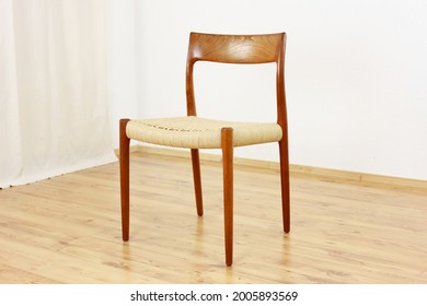 A Danish Teak CHAIR Danish Design Chairs Mid Century 60s Vintage Dining Paper Cord Seat Wood Modern Antique 50s 70s Retro Original Isolated On White Wall In Modern Living Room Closeup Loft