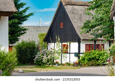 Danish Thatched Roof Half Timbered House With A Beautiful Summer Flower Garden 