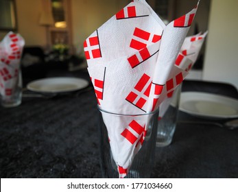 Danish Tradition Denmark Flag On Napkins To Mark And Celebrate Over Dinner In A Birthday Party