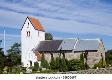 Danish White Church With A Blue Sky.