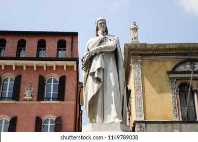 Dante Alighieri Famous Italian Writer Statue. Author Of The Divine Comedy With Inferno Hell Paradise And Purgatory Poems