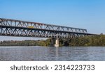 Danube Bridge or the Friendship Bridge on a sunny day. Steel truss bridge over the Danube River connecting Bulgarian and Romanian banks between Ruse and Giurgiu cities