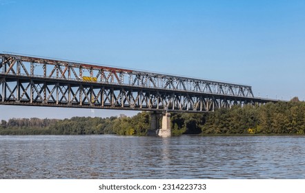 Danube Bridge or the Friendship Bridge on a sunny day. Steel truss bridge over the Danube River connecting Bulgarian and Romanian banks between Ruse and Giurgiu cities