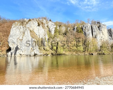 Danube Gorge Limestone Cliffs and River Landscape, Blue Sky, Scenic nature background, Limestone Rock, Calm green waters, Environmental, Commercial, Perfect for Travel, Summer, Pebble Beach, Adventure, Tourism, Bavaria, Natural Landsacpe, Outdoor recreation, European scenery