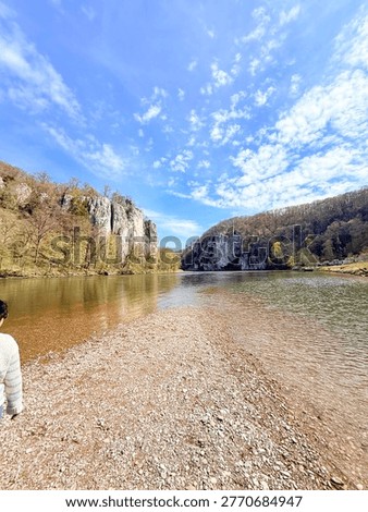 Danube Gorge Limestone Cliffs and River Landscape, Blue Sky, Scenic nature background, Limestone Rock, Calm green waters, Environmental, Commercial, Perfect for Travel, Summer, Pebble Beach, Adventure, Tourism, Bavaria, Natural Landsacpe, Outdoor recreation, European scenery