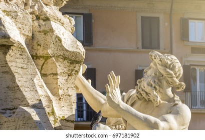 The Danube River God Statue In The Fountain Of Four Rivers In Rome, Italy