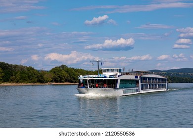 Danube River Hungary 06. 21, 2019: Cruise ship on Danube Bend  taking passengers on sightseeing  near Budapest.