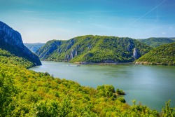 Danube River Landscape, Serbia And Romania Border ,narrowest Part Of The Gorge On The Danube , Also Known As The Iron Gate. Beautiful Blue Sky At Spring Day.