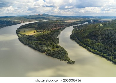Danube river landscape with the tip of Szentende Island at Kisoroszi, aerial drone view in summer