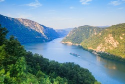  Danube River Summer Landscape. The Cruiser Ship Passes Through The Part Of The Gorge On The Danube Between Serbia And Romania, Also Known As The Iron Gate.