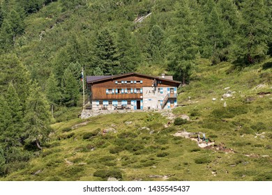 DAONE, TRENTINO ALTO ADIGE, ITALY, AUG 3, 2015: Alpine hut Val di Fumo in the National Park of Adamello Brenta of the mountaineering society S.A.T. (Tridentine alpinist society), Italian Alps, Europe