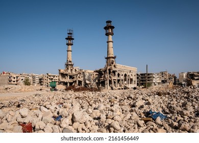 Darayya, Syria - April, 2022: Building Ruins In Destroyed City After The Syrian Civil War.