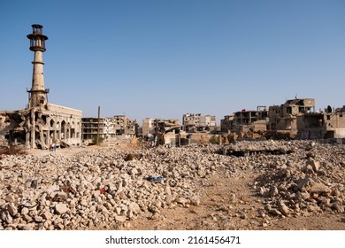 Darayya, Syria - April, 2022: Cityscape Of The Destroyed City Darayya After The Syrian Civil War.