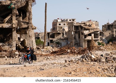 Darayya, Syria - April, 2022: People In Destroyed City Of Darayya After The Syrian Civil War.