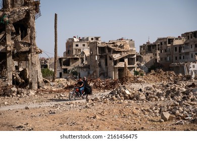 Darayya, Syria - April, 2022: People In Destroyed City Of Darayya After The Syrian Civil War.