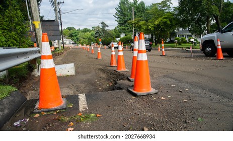 DARIEN, CT, USA - AUGUST 19, 2021: Road construction on bridge in Stamford - Darien town line on Post Road alias  Road 1 . This is view from Darien side.