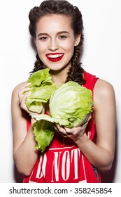 Daring Funny Girl With Braids And Red Lips, Emotional Eating Cabbage. Beauty Emotion Face. 