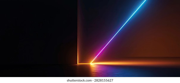 A dark, abstract background features intersecting neon light lines in vibrant blue, pink, and orange, creating a futuristic geometric pattern with reflections.