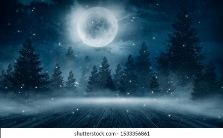 Dark Abstract Winter Forest Background. Wooden Floor, Snow, Fog. Dark Night Background In The Forest With Moonlight. Night View, Magic