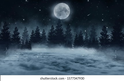 Dark Abstract Winter Forest Background. Wooden Floor, Snow, Fog. Dark Night Background In The Forest With Moonlight. Night View, Magic