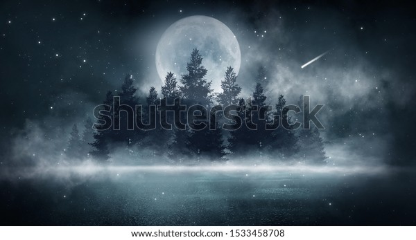 Dark abstract winter forest background. Wooden\
floor, snow, fog. Dark night background in the forest with\
moonlight. Night view,\
magic