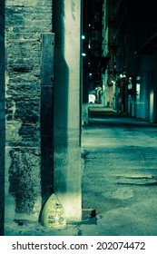 Dark Alley Corner. Chicago Alley At Night. Vertical Photo.