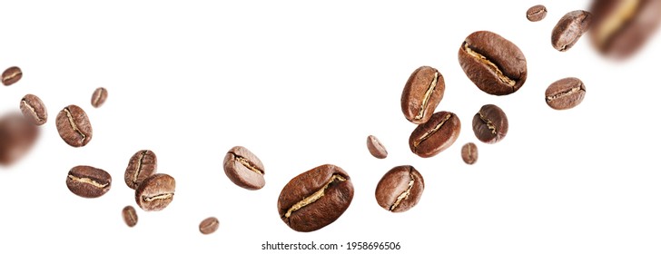 Dark aromatic roasts beans coffee levitate on white background with copyspace.  - Shutterstock ID 1958696506